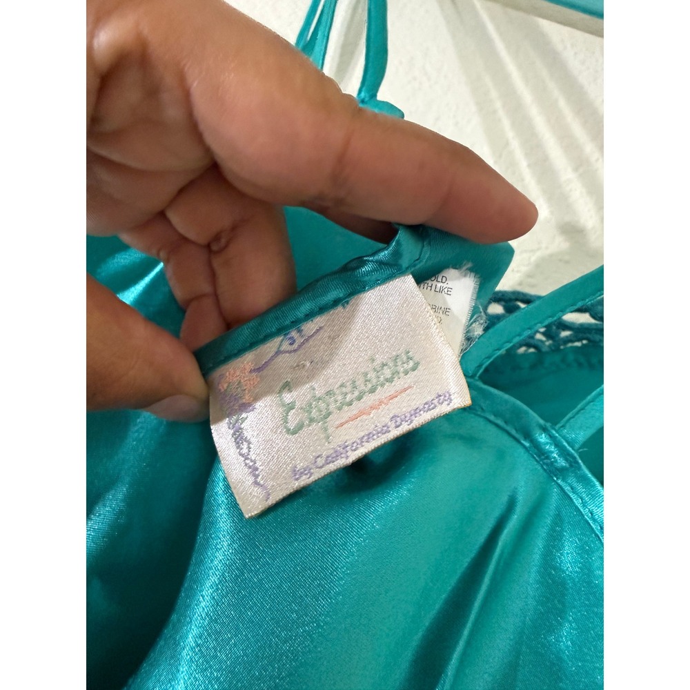 Vtg Expressions California Dynasty Teal Satin Lace Trim Chemise Large Coquette - Picture 4 of 5